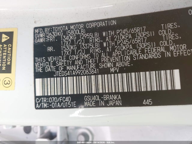 Продаж на аукціоні авто 2009 Toyota Highlander, vin: JTEDS41A992083841, номер лоту: 46118604