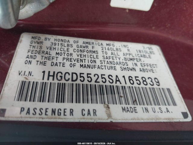 46118610 :رقم المزاد ، 1HGCD5525SA165839 vin ، 1995 Honda Accord Dx مزاد بيع