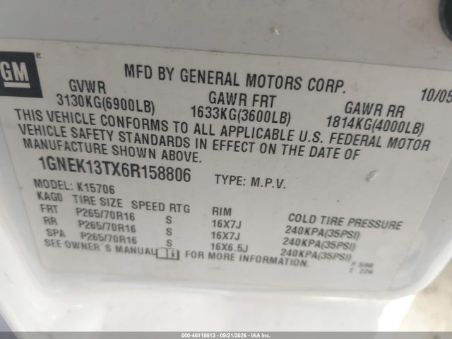 46118613 :رقم المزاد ، 1GNEK13TX6R158806 vin ، 2006 Chevrolet Tahoe Ls مزاد بيع