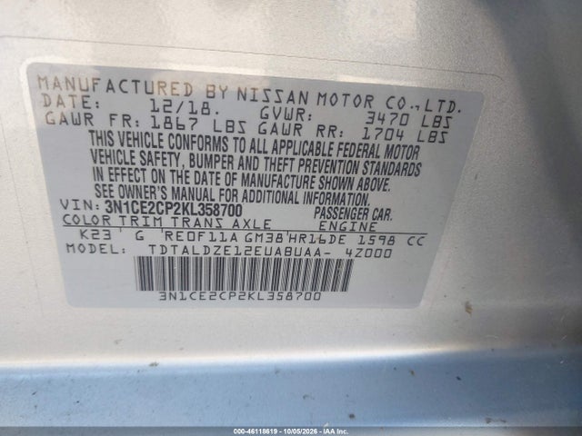 Продаж на аукціоні авто 2019 Nissan Versa Note Sv, vin: 3N1CE2CP2KL358700, номер лоту: 46118619