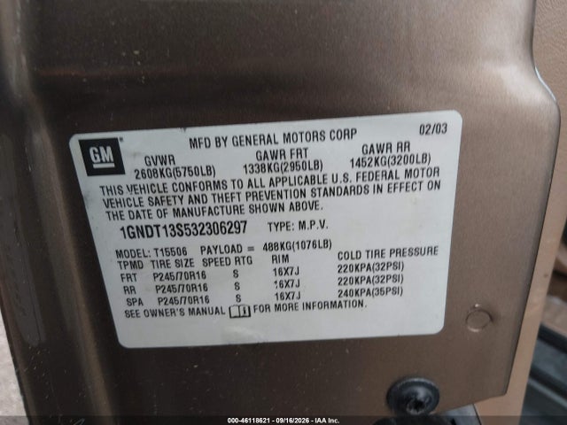 2003 Chevrolet Trailblazer Ls მანქანა იყიდება აუქციონზე, vin: 1GNDT13S532306297, აუქციონის ნომერი: 46118621