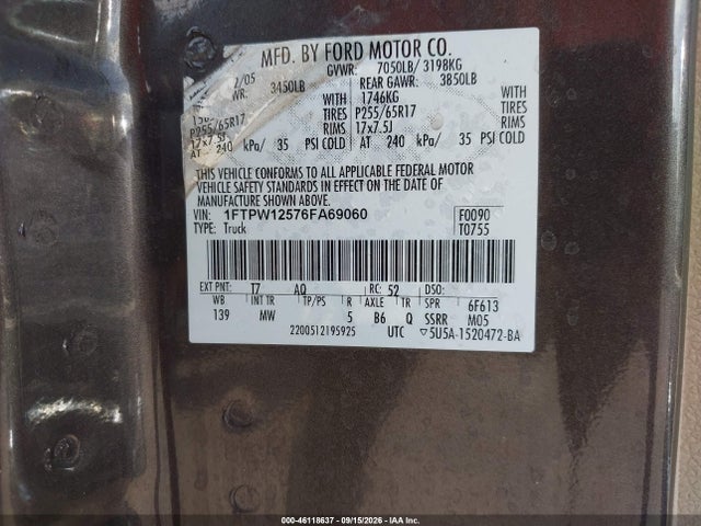 Продажа на аукционе авто 2006 Ford F-150 Lariat/xlt, vin: 1FTPW12576FA69060, номер лота: 46118637