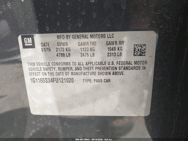 46118642 :رقم المزاد ، 1G1165S34FU121020 vin ، 2015 Chevrolet Impala 2lz مزاد بيع
