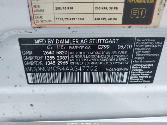 Auction sale of the 2010 Mercedes-benz S 550 4matic, vin: WDDNG8GB4AA347792, lot number: 46118644