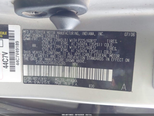 Продажа на аукционе авто 2006 Toyota Sienna Xle, vin: 5TDZA22C06S525265, номер лота: 46118653