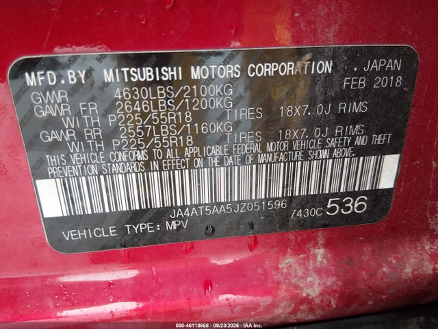 2018 Mitsubishi Eclipse Cross Sel მანქანა იყიდება აუქციონზე, vin: JA4AT5AA5JZ051596, აუქციონის ნომერი: 46118658