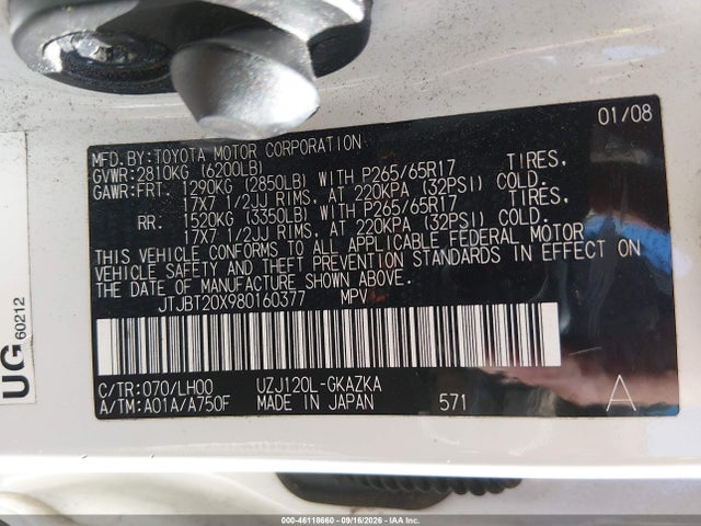Aukcja sprzedaży 2008 Lexus Gx 470, vin: JTJBT20X980160377, numer aukcji: 46118660