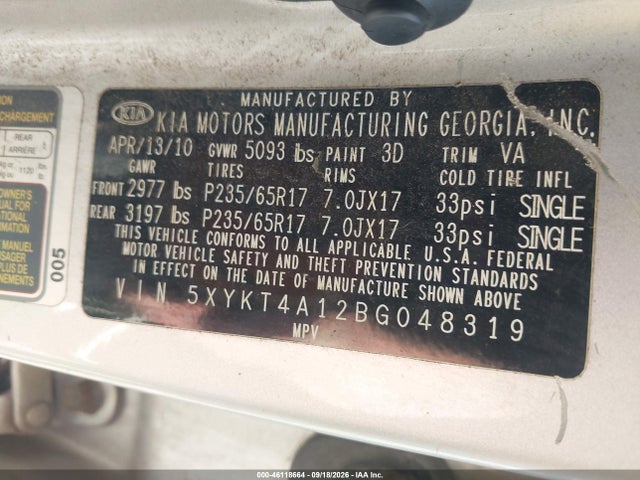 Aukcja sprzedaży 2011 Kia Sorento Lx, vin: 5XYKT4A12BG048319, numer aukcji: 46118664