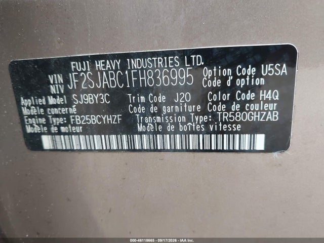 Aukcja sprzedaży 2015 Subaru Forester 2.5i, vin: JF2SJABC1FH836995, numer aukcji: 46118665