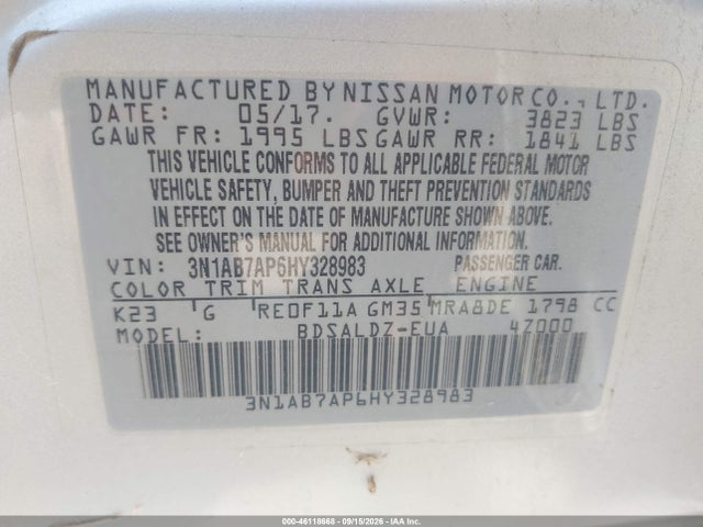 Продаж на аукціоні авто 2017 Nissan Sentra Sv, vin: 3N1AB7AP6HY328983, номер лоту: 46118668