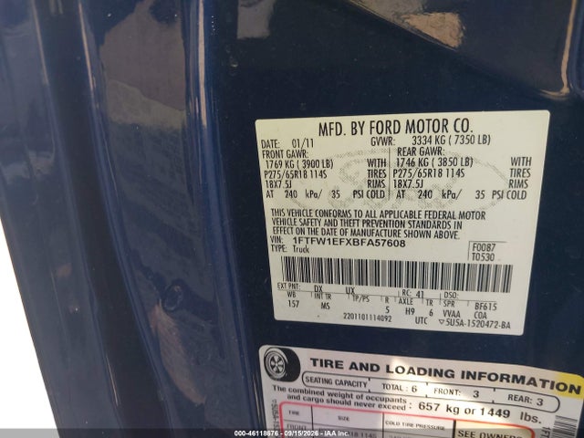 46118676 :رقم المزاد ، 1FTFW1EFXBFA57608 vin ، 2011 Ford F-150 Xlt مزاد بيع