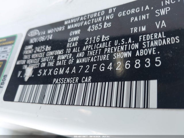 2015 Kia Optima Lx მანქანა იყიდება აუქციონზე, vin: 5XXGM4A72FG426835, აუქციონის ნომერი: 46118677