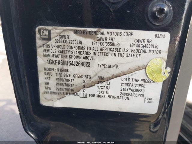 Aukcja sprzedaży 2004 Gmc Yukon Xl 1500 Denali, vin: 1GKFK66U64J264023, numer aukcji: 46118682