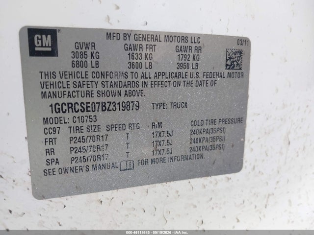 2011 Chevrolet Silverado 1500 Lt მანქანა იყიდება აუქციონზე, vin: 1GCRCSE07BZ319879, აუქციონის ნომერი: 46118685