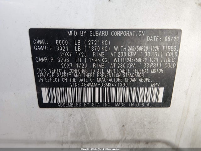 Subaru Ascent Limited 2021 4S4WMAPD6M3471390 Image 9