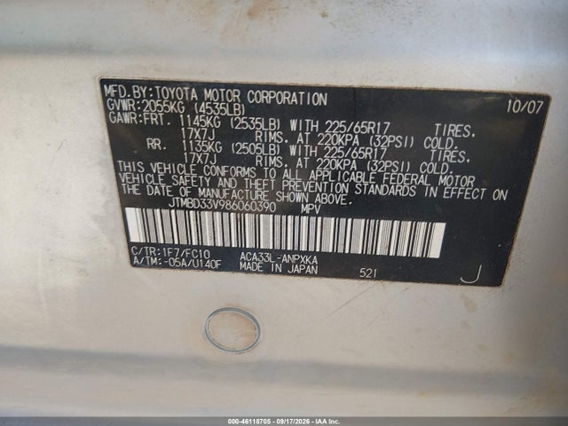 Aukcja sprzedaży 2008 Toyota Rav4, vin: JTMBD33V986060390, numer aukcji: 46118705