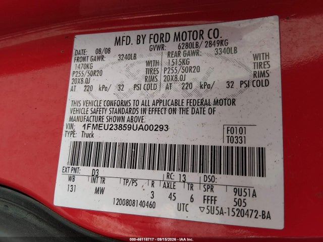Продаж на аукціоні авто 2009 Ford Explorer Sport Trac Limited, vin: 1FMEU23859UA00293, номер лоту: 46118717