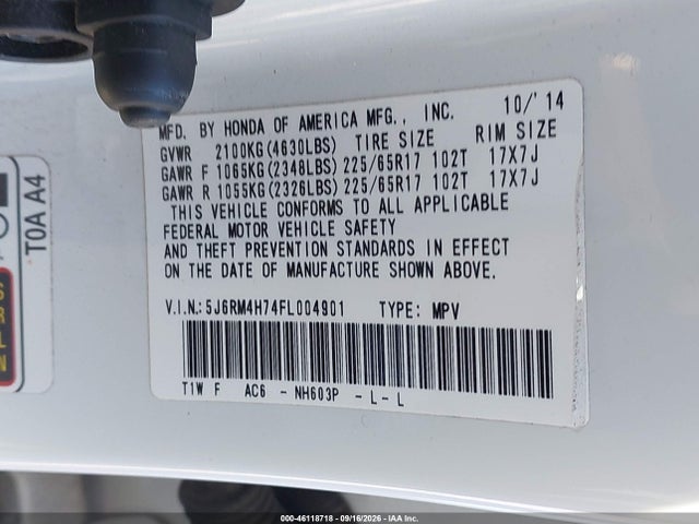 Honda Cr-v Ex-l 2015 5J6RM4H74FL004901 Image 9