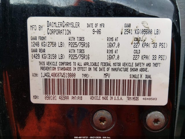 46118721 :رقم المزاد ، 1J4GL48K07W519800 vin ، 2007 Jeep Liberty Sport مزاد بيع