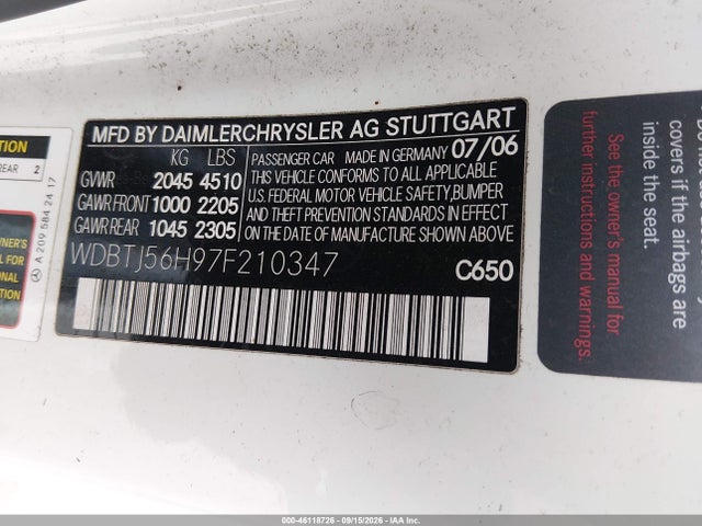 2007 Mercedes-benz Clk 350 მანქანა იყიდება აუქციონზე, vin: WDBTJ56H97F210347, აუქციონის ნომერი: 46118726