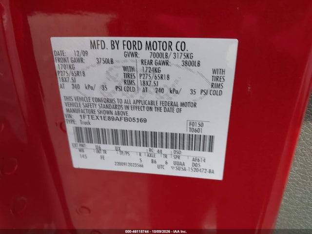 Auction sale of the 2010 Ford F-150 Stx/xl/xlt, vin: 1FTEX1E89AFB05169, lot number: 46118744