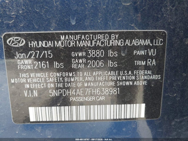 Hyundai ELANTRA SE 2015 5NPDH4AE7FH638981 Image 9