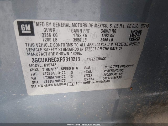 Продажа на аукционе авто 2015 Chevrolet Silverado 1500 1lt, vin: 3GCUKRECXFG310213, номер лота: 46118775