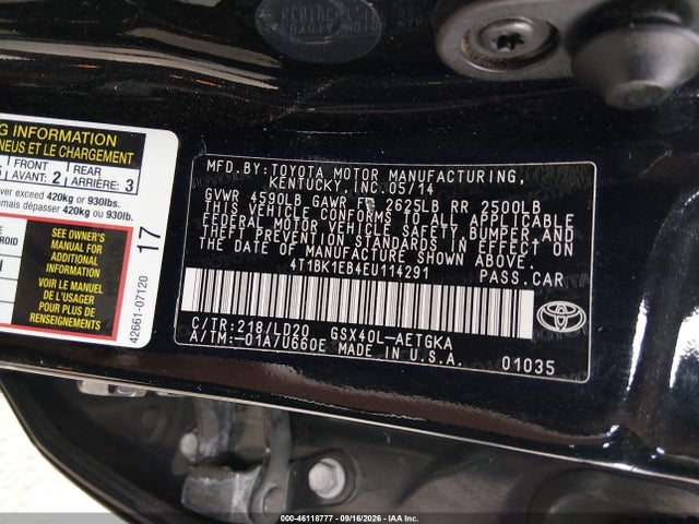 46118777 :رقم المزاد ، 4T1BK1EB4EU114291 vin ، 2014 Toyota Avalon Xle مزاد بيع