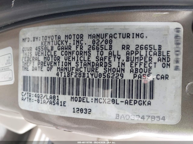 2000 Toyota Avalon Xls მანქანა იყიდება აუქციონზე, vin: 4T1BF28B1YU056229, აუქციონის ნომერი: 46118786