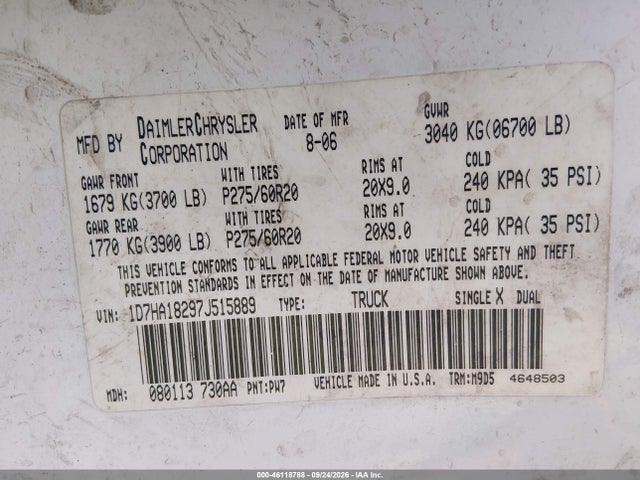 Aukcja sprzedaży 2007 Dodge Ram 1500 Slt, vin: 1D7HA18297J515889, numer aukcji: 46118788