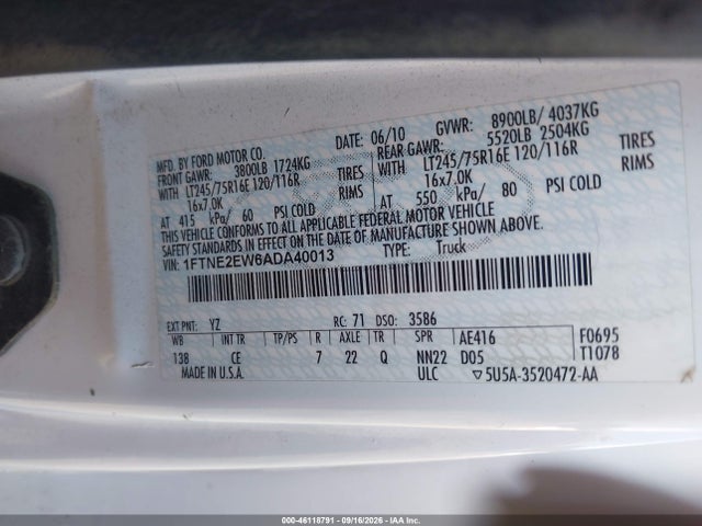 46118791 :رقم المزاد ، 1FTNE2EW6ADA40013 vin ، 2010 Ford E-250 Commercial/recreational مزاد بيع