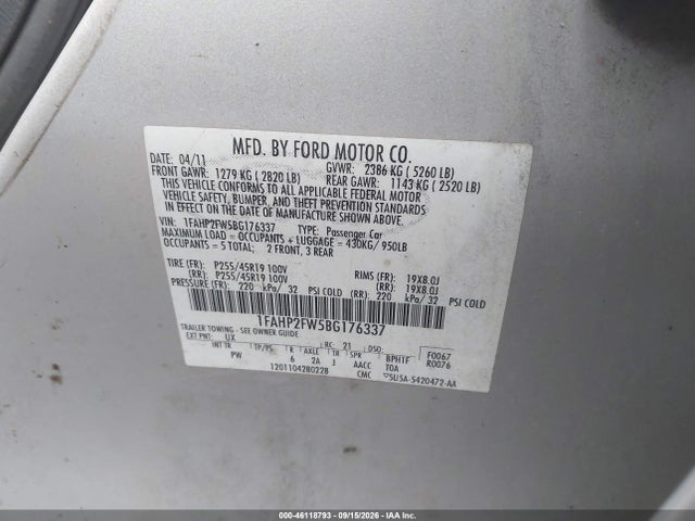 Aukcja sprzedaży 2011 Ford Taurus Limited, vin: 1FAHP2FW5BG176337, numer aukcji: 46118793