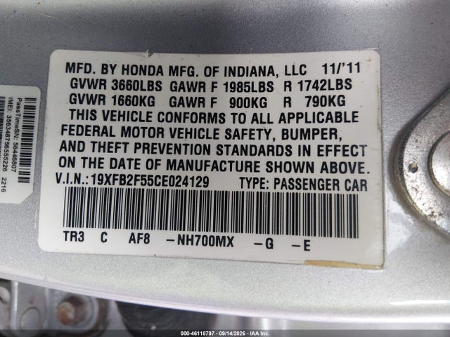 46118797 :رقم المزاد ، 19XFB2F55CE024129 vin ، 2012 Honda Civic Lx مزاد بيع