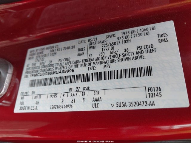Продажа на аукционе авто 2021 Ford Escape Se, vin: 1FMCU0G60MUA09996, номер лота: 46118798