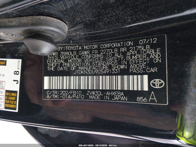 46118800 :رقم المزاد ، JTDKN3DU9C5491331 vin ، 2012 Toyota Prius Two مزاد بيع