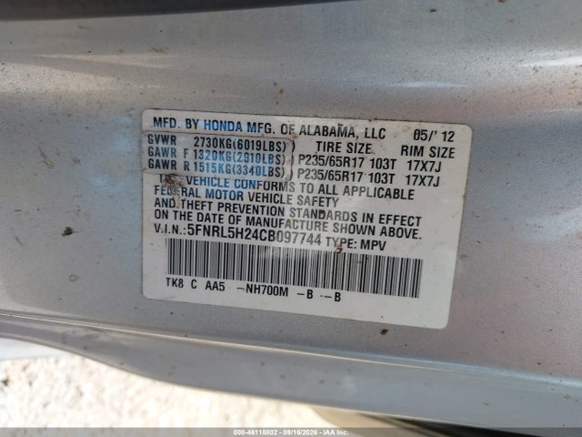 46118802 :رقم المزاد ، 5FNRL5H24CB097744 vin ، 2012 Honda Odyssey Lx مزاد بيع