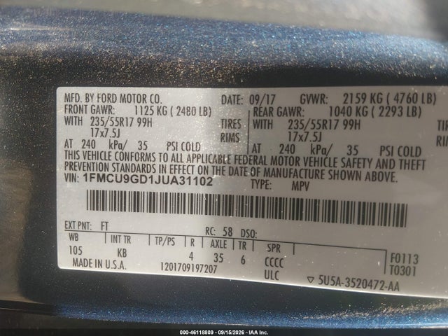 2018 Ford Escape Se მანქანა იყიდება აუქციონზე, vin: 1FMCU9GD1JUA31102, აუქციონის ნომერი: 46118809