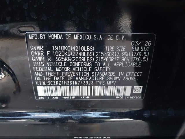 Продаж на аукціоні авто 2026 Honda Hr-v 2wd Lx, vin: 3CZRZ1H36TM743923, номер лоту: 46118815