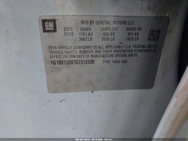 46118819 :رقم المزاد ، 1G1BE5SM7G7312835 vin ، 2016 Chevrolet Cruze Lt Auto مزاد بيع