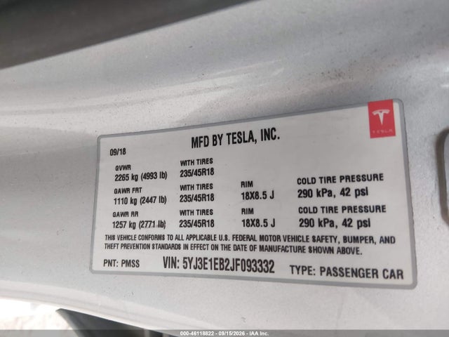 Aukcja sprzedaży 2018 Tesla Model 3 Long Range/performance, vin: 5YJ3E1EB2JF093332, numer aukcji: 46118822