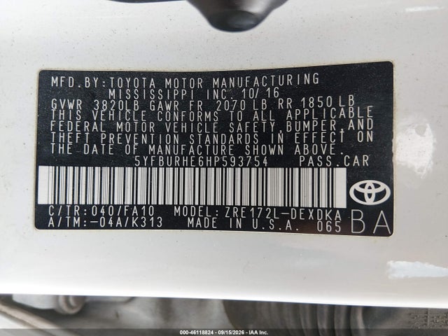 2017 Toyota Corolla L მანქანა იყიდება აუქციონზე, vin: 5YFBURHE6HP593754, აუქციონის ნომერი: 46118824