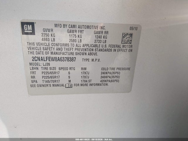 46118825 :رقم المزاد ، 2CNALFEW8A6378387 vin ، 2010 Chevrolet Equinox Ltz مزاد بيع