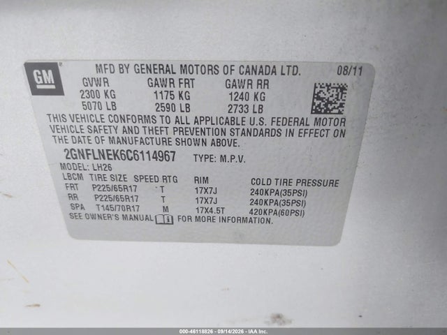 Aukcja sprzedaży 2012 Chevrolet Equinox 2lt, vin: 2GNFLNEK6C6114967, numer aukcji: 46118826