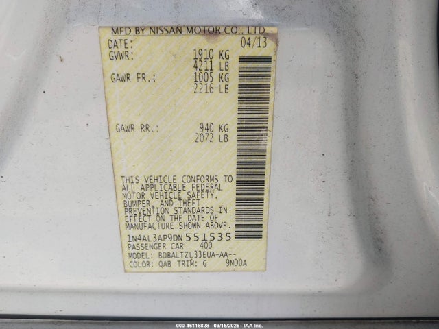 Продаж на аукціоні авто 2013 Nissan Altima 2.5 Sv, vin: 1N4AL3AP9DN551535, номер лоту: 46118828