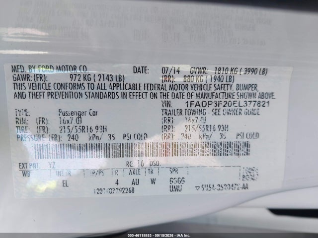 46118853 :رقم المزاد ، 1FADP3F20EL377821 vin ، 2014 Ford Focus Se مزاد بيع
