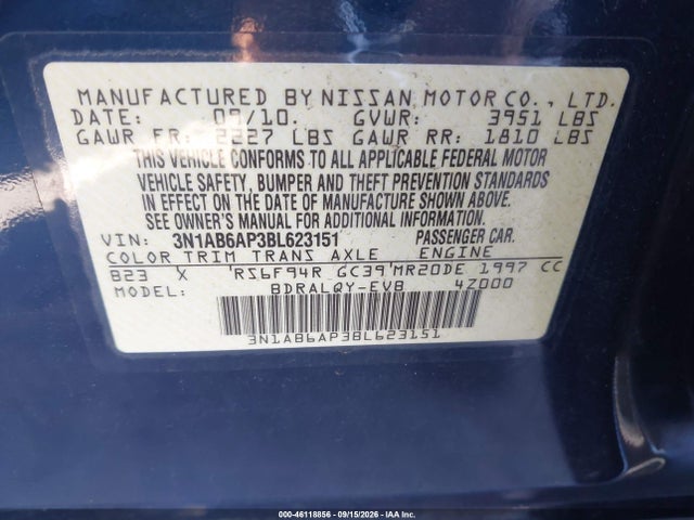 2011 Nissan Sentra 2.0 მანქანა იყიდება აუქციონზე, vin: 3N1AB6AP3BL623151, აუქციონის ნომერი: 46118856