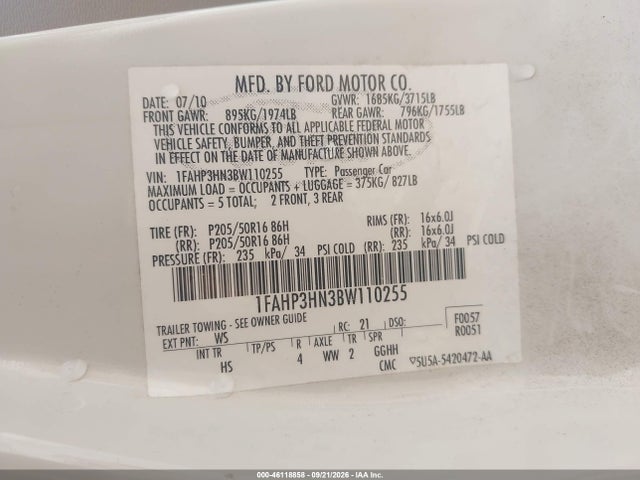 Aukcja sprzedaży 2011 Ford Focus Sel, vin: 1FAHP3HN3BW110255, numer aukcji: 46118858