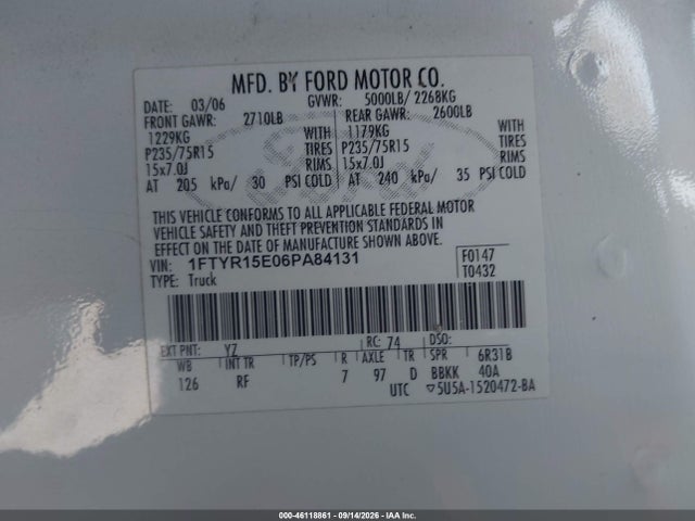 46118861 :رقم المزاد ، 1FTYR15E06PA84131 vin ، 2006 Ford Ranger Fx4 Off-road/sport/xl/xlt مزاد بيع