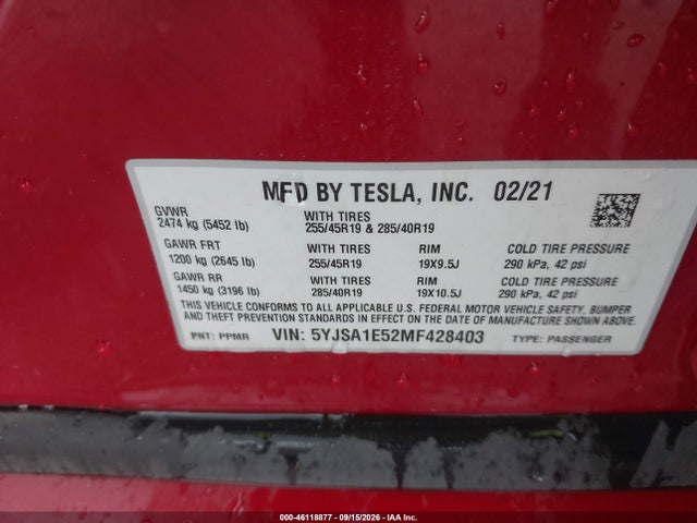 Aukcja sprzedaży 2021 Tesla Model S Long Range Dual Motor All-wheel Drive, vin: 5YJSA1E52MF428403, numer aukcji: 46118877
