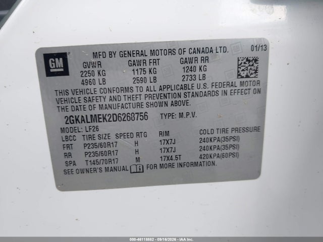 Продаж на аукціоні авто 2013 Gmc Terrain Sle-1, vin: 2GKALMEK2D6268756, номер лоту: 46118882